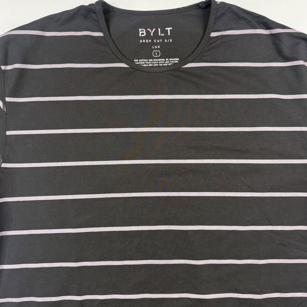 BYLT‎ Drop Cut Lux Tee Mens Large Black Grey Striped Curved Hem Short Sleeve